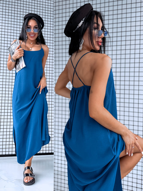 Long dress with crossed straps - dark turquoise